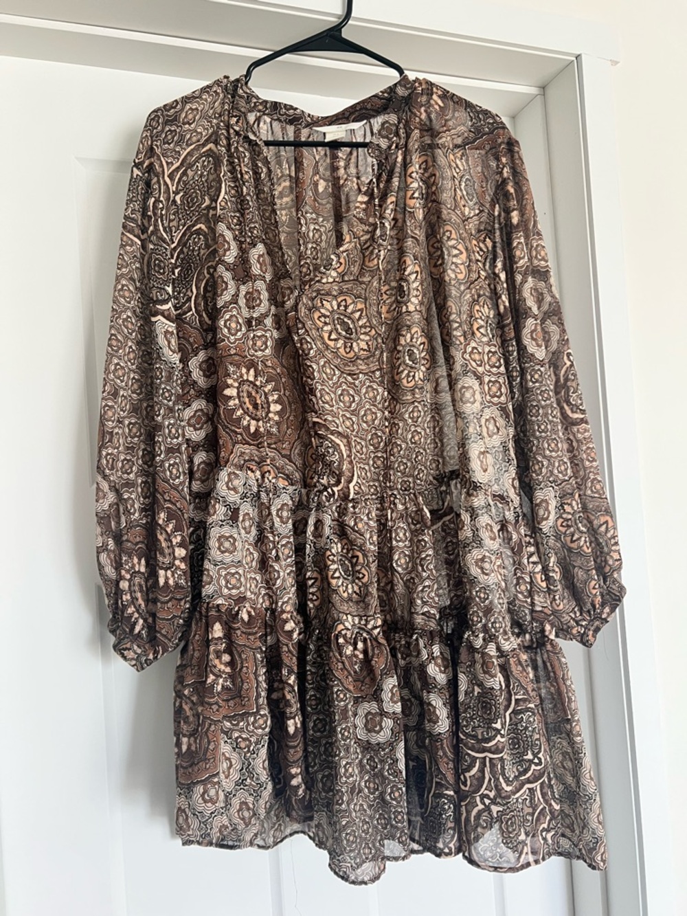 H&M Brown Paisley Long-Sleeve Tiered Dress